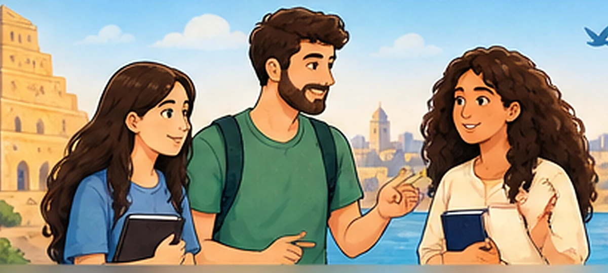 Illustration of young learners exploring Middle Eastern history, heritage and peacebuilding